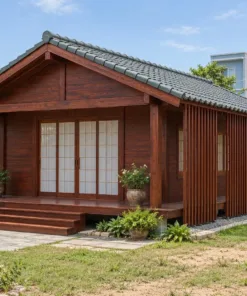 Nhà Gỗ Nhật Bản J126 - Vách Lam Đứng Che Nắng Ngoài Mặt Hông, Gỗ Thông Màu Nâu Đỏ