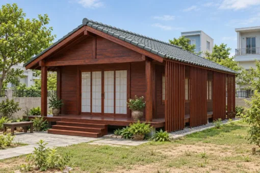 Nhà Gỗ Nhật Bản J126 - Vách Lam Đứng Che Nắng Ngoài Mặt Hông, Gỗ Thông Màu Nâu Đỏ