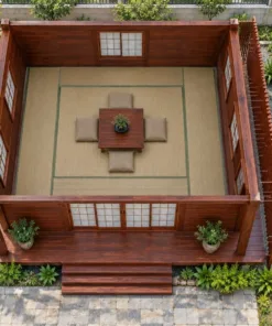 Nhà Gỗ Nhật Bản J126 - Vách Lam Đứng Che Nắng Ngoài Mặt Hông, Gỗ Thông Màu Nâu Đỏ