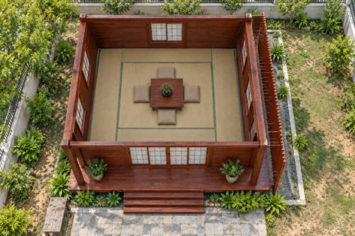 Nhà Gỗ Nhật Bản J126 - Vách Lam Đứng Che Nắng Ngoài Mặt Hông, Gỗ Thông Màu Nâu Đỏ