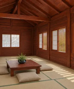 Nhà Gỗ Nhật Bản J126 - Vách Lam Đứng Che Nắng Ngoài Mặt Hông, Gỗ Thông Màu Nâu Đỏ