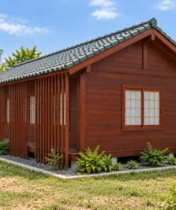 Nhà Gỗ Nhật Bản J126 - Vách Lam Đứng Che Nắng Ngoài Mặt Hông, Gỗ Thông Màu Nâu Đỏ