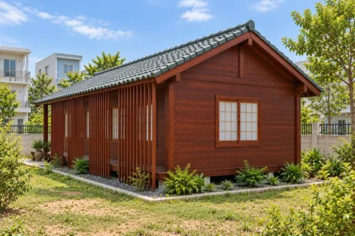 Nhà Gỗ Nhật Bản J126 - Vách Lam Đứng Che Nắng Ngoài Mặt Hông, Gỗ Thông Màu Nâu Đỏ
