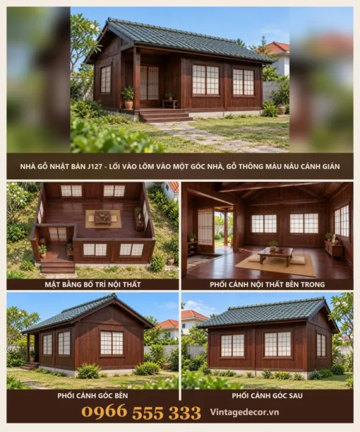 Nhà Gỗ Nhật Bản J127 - Lối Vào Lõm Vào Một Góc Nhà, Gỗ Thông Màu Nâu Cánh Gián Nhà Gỗ Nhật Bản J127 - Lối Vào Lõm Vào Một Góc Nhà, Gỗ Thông Màu Nâu Cánh Gián