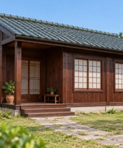 Nhà Gỗ Nhật Bản J127 - Lối Vào Lõm Vào Một Góc Nhà, Gỗ Thông Màu Nâu Cánh Gián