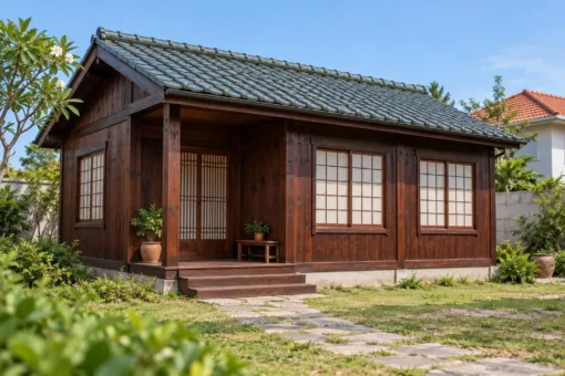 Nhà Gỗ Nhật Bản J127 - Lối Vào Lõm Vào Một Góc Nhà, Gỗ Thông Màu Nâu Cánh Gián Nhà Gỗ Nhật Bản J127 - Lối Vào Lõm Vào Một Góc Nhà, Gỗ Thông Màu Nâu Cánh Gián