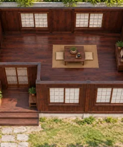 Nhà Gỗ Nhật Bản J127 - Lối Vào Lõm Vào Một Góc Nhà, Gỗ Thông Màu Nâu Cánh Gián