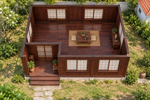 Nhà Gỗ Nhật Bản J127 - Lối Vào Lõm Vào Một Góc Nhà, Gỗ Thông Màu Nâu Cánh Gián Nhà Gỗ Nhật Bản J127 - Lối Vào Lõm Vào Một Góc Nhà, Gỗ Thông Màu Nâu Cánh Gián