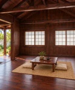 Nhà Gỗ Nhật Bản J127 - Lối Vào Lõm Vào Một Góc Nhà, Gỗ Thông Màu Nâu Cánh Gián