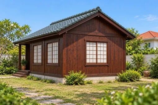 Nhà Gỗ Nhật Bản J127 - Lối Vào Lõm Vào Một Góc Nhà, Gỗ Thông Màu Nâu Cánh Gián Nhà Gỗ Nhật Bản J127 - Lối Vào Lõm Vào Một Góc Nhà, Gỗ Thông Màu Nâu Cánh Gián
