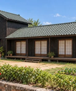Nhà Gỗ Nhật Bản J129 - Một Đầu Hai Tầng Phần Còn Lại Một Tầng, Gỗ Thông Màu Gỗ Cháy
