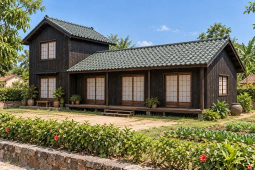 Nhà Gỗ Nhật Bản J129 - Một Đầu Hai Tầng Phần Còn Lại Một Tầng, Gỗ Thông Màu Gỗ Cháy