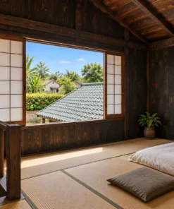 Nhà Gỗ Nhật Bản J129 - Một Đầu Hai Tầng Phần Còn Lại Một Tầng, Gỗ Thông Màu Gỗ Cháy