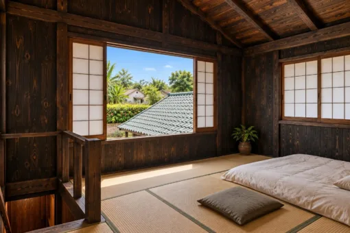 Nhà Gỗ Nhật Bản J129 - Một Đầu Hai Tầng Phần Còn Lại Một Tầng, Gỗ Thông Màu Gỗ Cháy