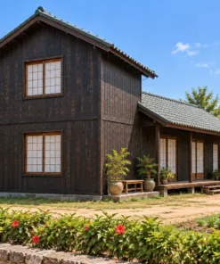 Nhà Gỗ Nhật Bản J129 - Một Đầu Hai Tầng Phần Còn Lại Một Tầng, Gỗ Thông Màu Gỗ Cháy