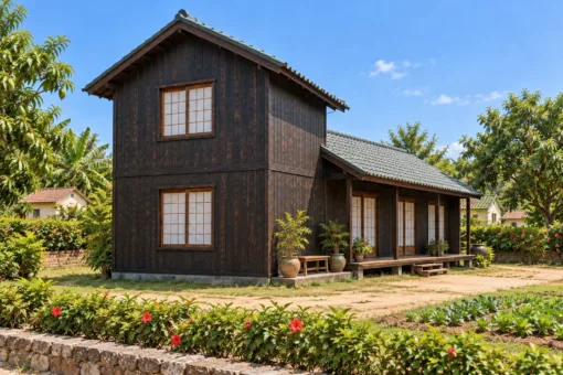Nhà Gỗ Nhật Bản J129 - Một Đầu Hai Tầng Phần Còn Lại Một Tầng, Gỗ Thông Màu Gỗ Cháy