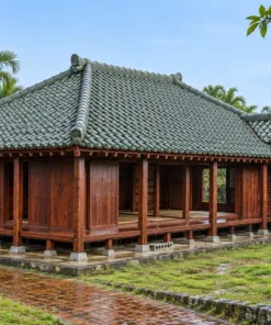 Nhà gỗ Nhật J84 – sàn nâng trên chân cột ngắn, hiên dọc mặt trước, mái bốn dốc