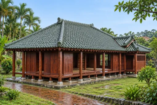 Nhà gỗ Nhật J84 – sàn nâng trên chân cột ngắn, hiên dọc mặt trước, mái bốn dốc