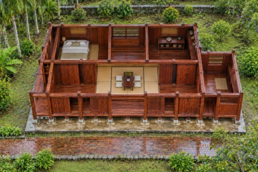 Nhà gỗ Nhật J84 nhìn từ trên – gian tatami giữa, phòng ngủ, gian kệ và cánh nhà phụ