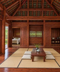 Nhà gỗ Nhật J84 – gian chính tatami bàn thấp, phòng ngủ trái, kệ đồ phải