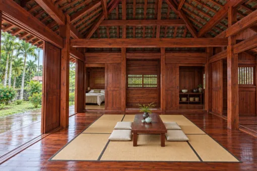 Nhà gỗ Nhật J84 – gian chính tatami bàn thấp, phòng ngủ trái, kệ đồ phải