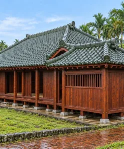 Nhà gỗ Nhật J84 – góc bên thấy cánh nhà phụ đầu hồi nhỏ, cửa sổ song