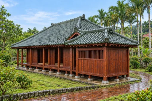 Nhà gỗ Nhật J84 – góc bên thấy cánh nhà phụ đầu hồi nhỏ, cửa sổ song