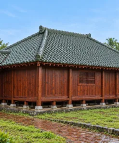 Nhà gỗ Nhật J84 – mặt sau vách ván nâu đỏ, gầm sàn thoáng