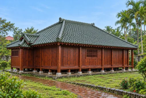 Nhà gỗ Nhật J84 – mặt sau vách ván nâu đỏ, gầm sàn thoáng