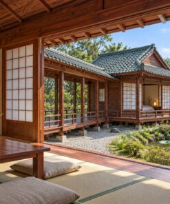 Nhà Gỗ Nhật Bản J97 - Hai Gian Riêng Nối Hành Lang Có Mái, Gỗ Thông