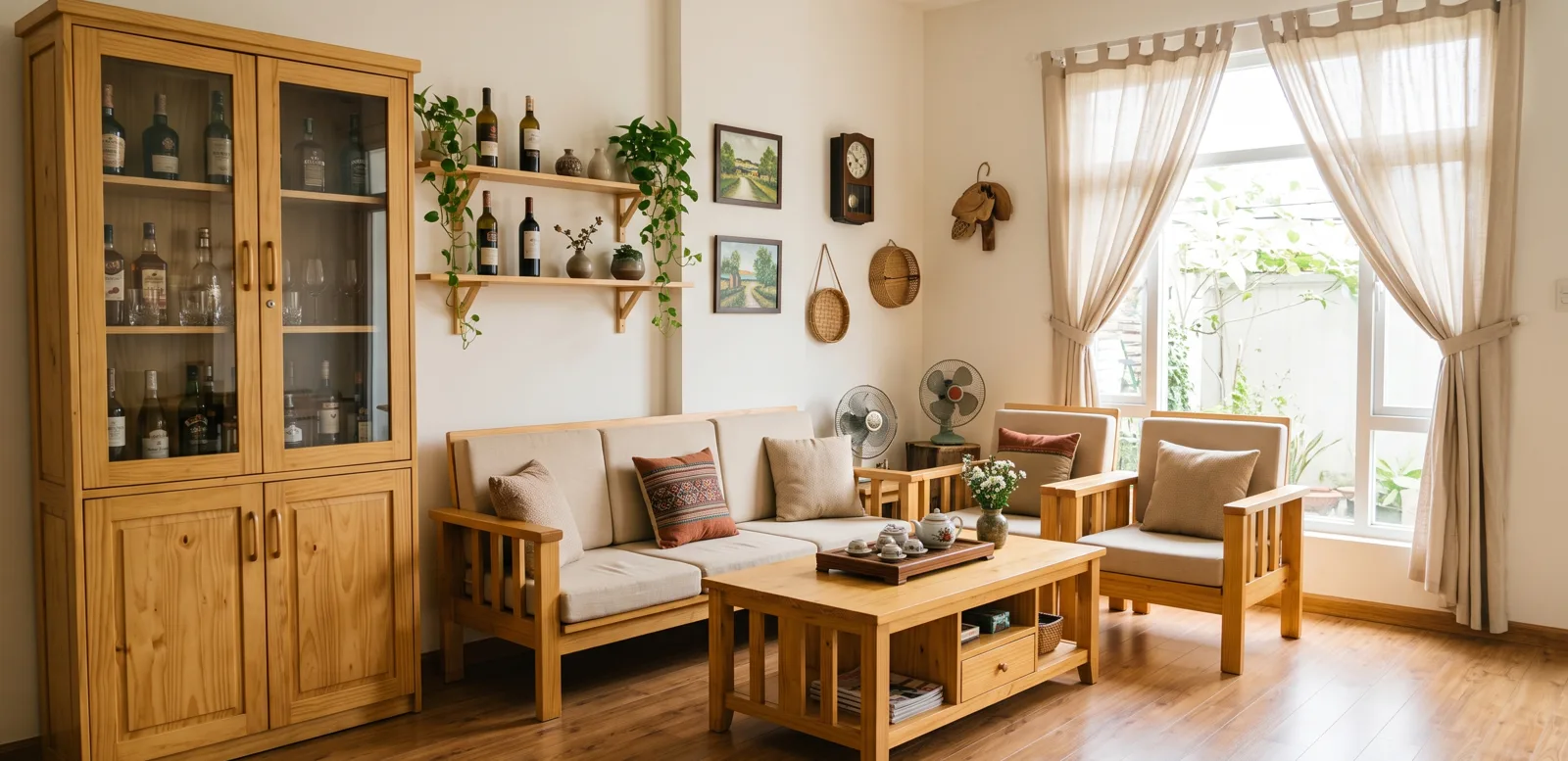 Phòng khách gỗ thông màu sáng với tủ cao cánh kính bày các chai rượu đứng, kệ treo tường có chai và cây leo