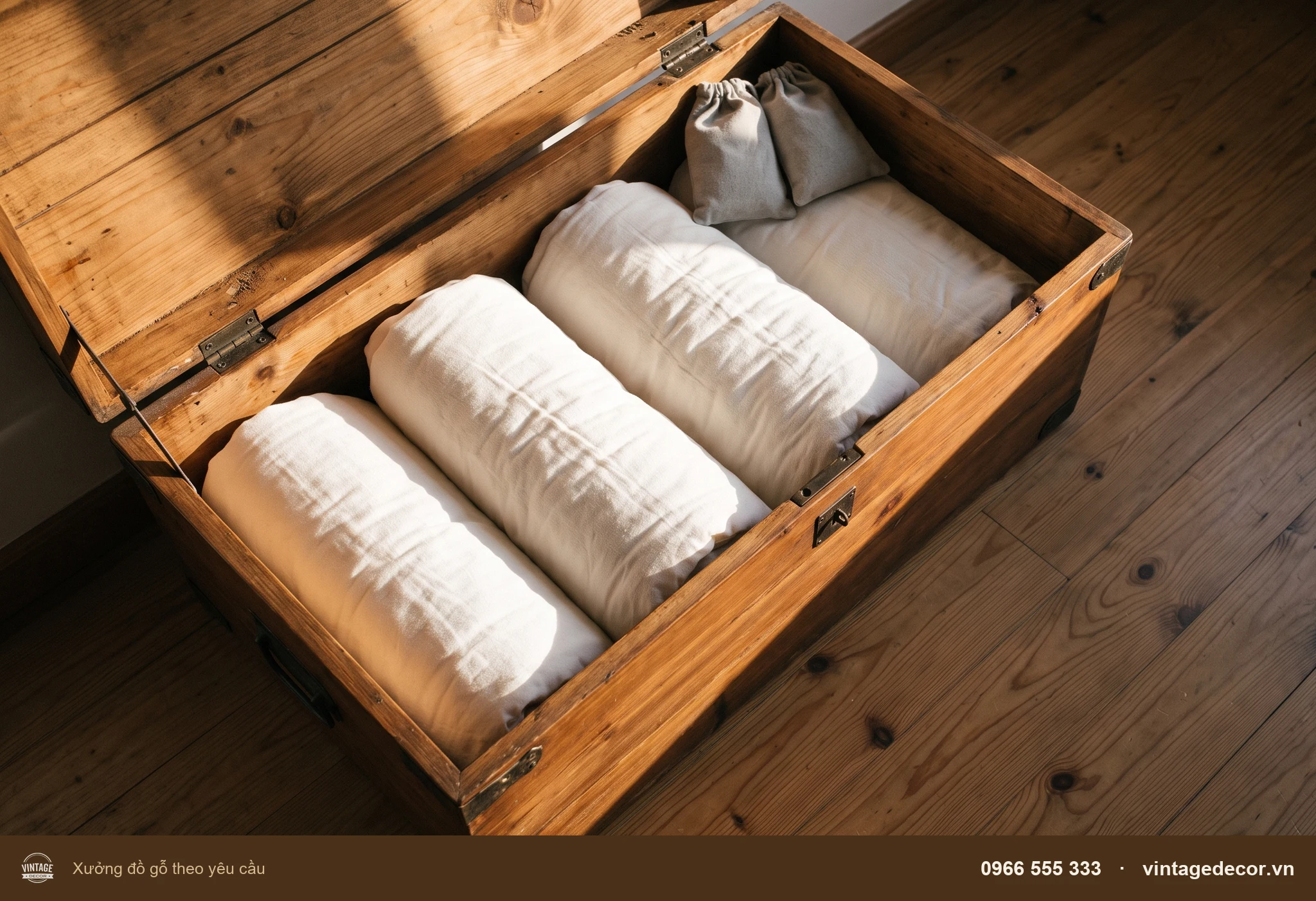 Lòng rương gỗ mở nắp, chăn cuộn bọc vải cotton, hai túi hút ẩm đặt ở góc, nắng chiếu vào qua cửa sổ