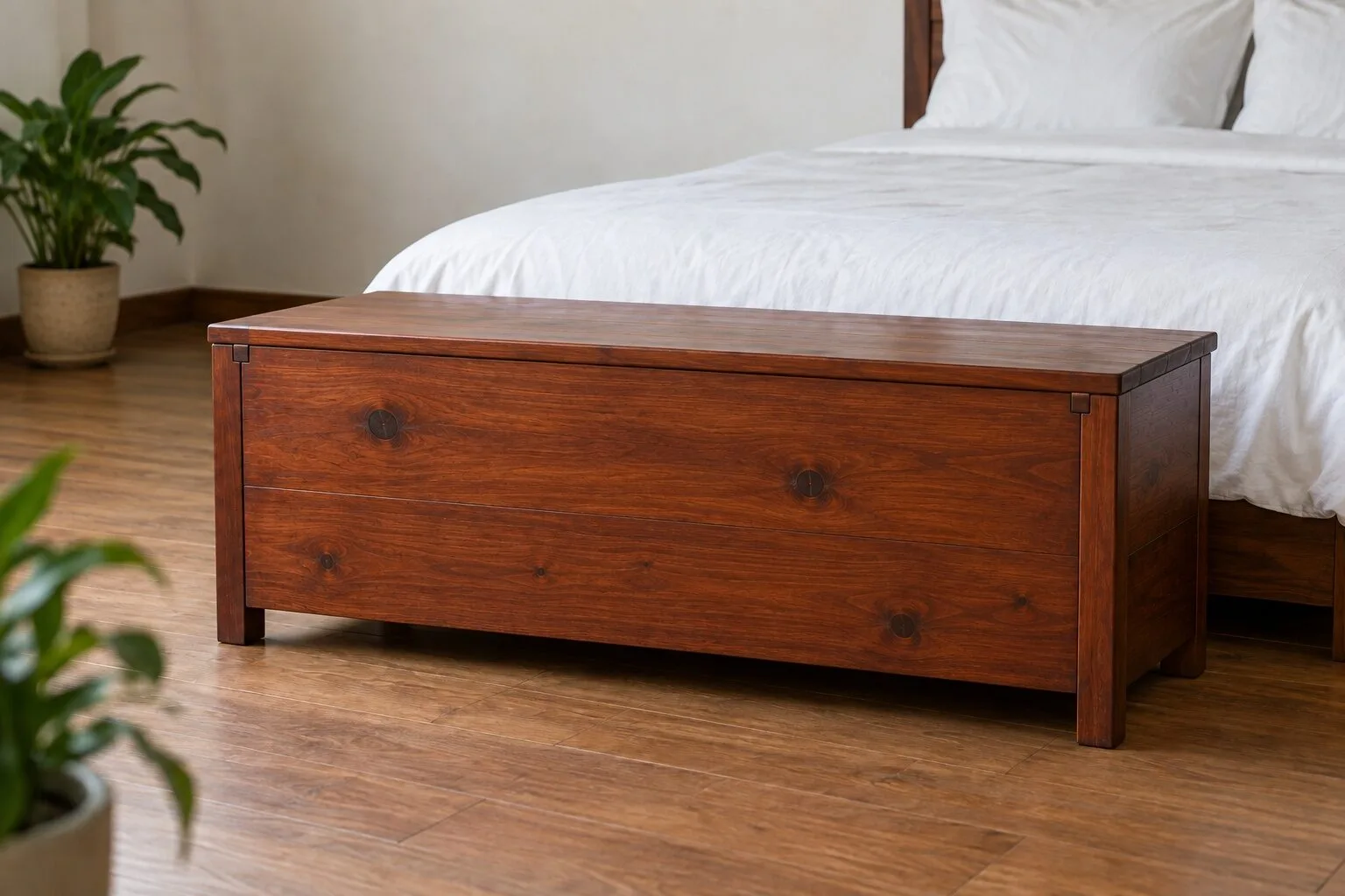 Rương gỗ NT22 nâu đỏ đặt cuối giường ga trắng, thân hộp kín ghép ván ngang, nắp phẳng, chân vuông ngắn