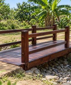 Sàn Gỗ Ngoài Trời SG10 - Cầu Gỗ Thẳng Nhỏ Lan Can Qua Suối Cạn, Gỗ Thông Màu Nâu Cánh Gián