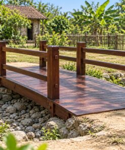 Sàn Gỗ Ngoài Trời SG10 - Cầu Gỗ Thẳng Nhỏ Lan Can Qua Suối Cạn, Gỗ Thông Màu Nâu Cánh Gián