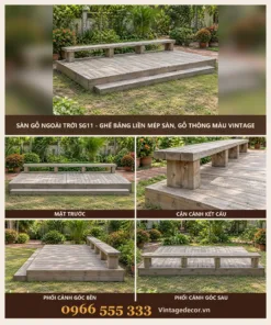 Sàn gỗ ngoài trời SG11 ghế băng liền mép sàn – ảnh ghép mặt trước, kết cấu, góc bên, góc sau