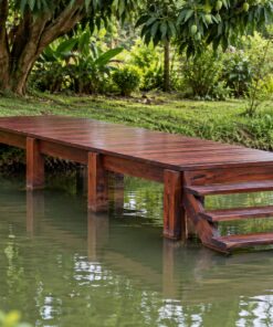 Sàn Gỗ Ngoài Trời SG13 - Bến Gỗ Chìa Ra Mặt Ao Có Bậc Xuống Nước, Gỗ Thông Màu Nâu Đỏ