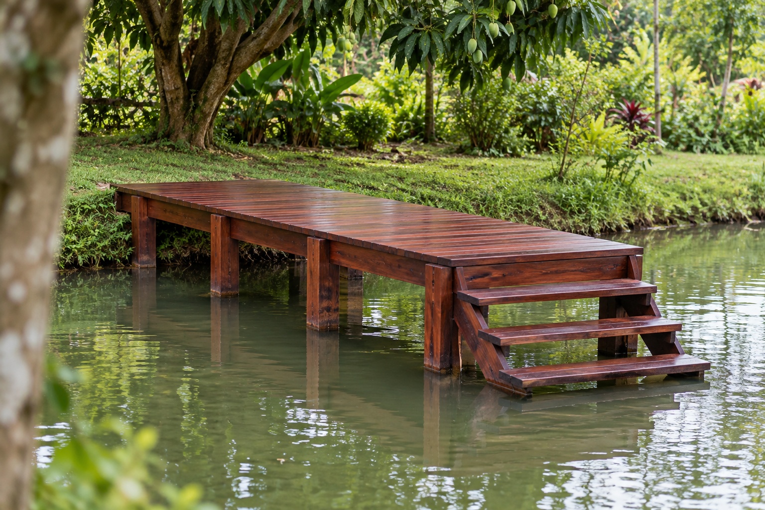 Sàn Gỗ Ngoài Trời SG13 - Bến Gỗ Chìa Ra Mặt Ao Có Bậc Xuống Nước, Gỗ Thông Màu Nâu Đỏ Sàn Gỗ Ngoài Trời SG13 - Bến Gỗ Chìa Ra Mặt Ao Có Bậc Xuống Nước, Gỗ Thông Màu Nâu Đỏ