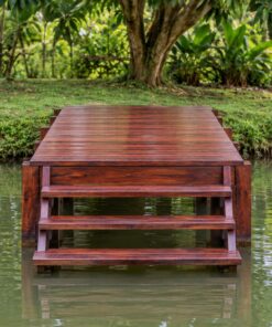 Sàn Gỗ Ngoài Trời SG13 - Bến Gỗ Chìa Ra Mặt Ao Có Bậc Xuống Nước, Gỗ Thông Màu Nâu Đỏ