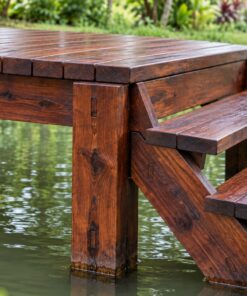 Sàn Gỗ Ngoài Trời SG13 - Bến Gỗ Chìa Ra Mặt Ao Có Bậc Xuống Nước, Gỗ Thông Màu Nâu Đỏ