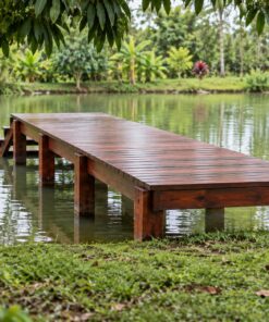 Sàn Gỗ Ngoài Trời SG13 - Bến Gỗ Chìa Ra Mặt Ao Có Bậc Xuống Nước, Gỗ Thông Màu Nâu Đỏ