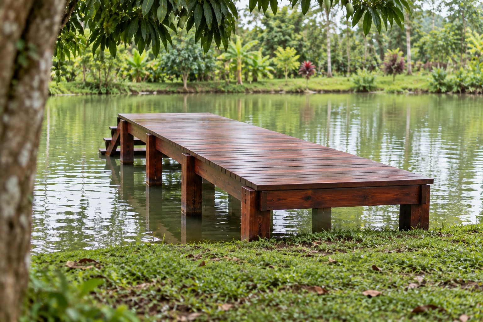 Sàn Gỗ Ngoài Trời SG13 - Bến Gỗ Chìa Ra Mặt Ao Có Bậc Xuống Nước, Gỗ Thông Màu Nâu Đỏ Sàn Gỗ Ngoài Trời SG13 - Bến Gỗ Chìa Ra Mặt Ao Có Bậc Xuống Nước, Gỗ Thông Màu Nâu Đỏ