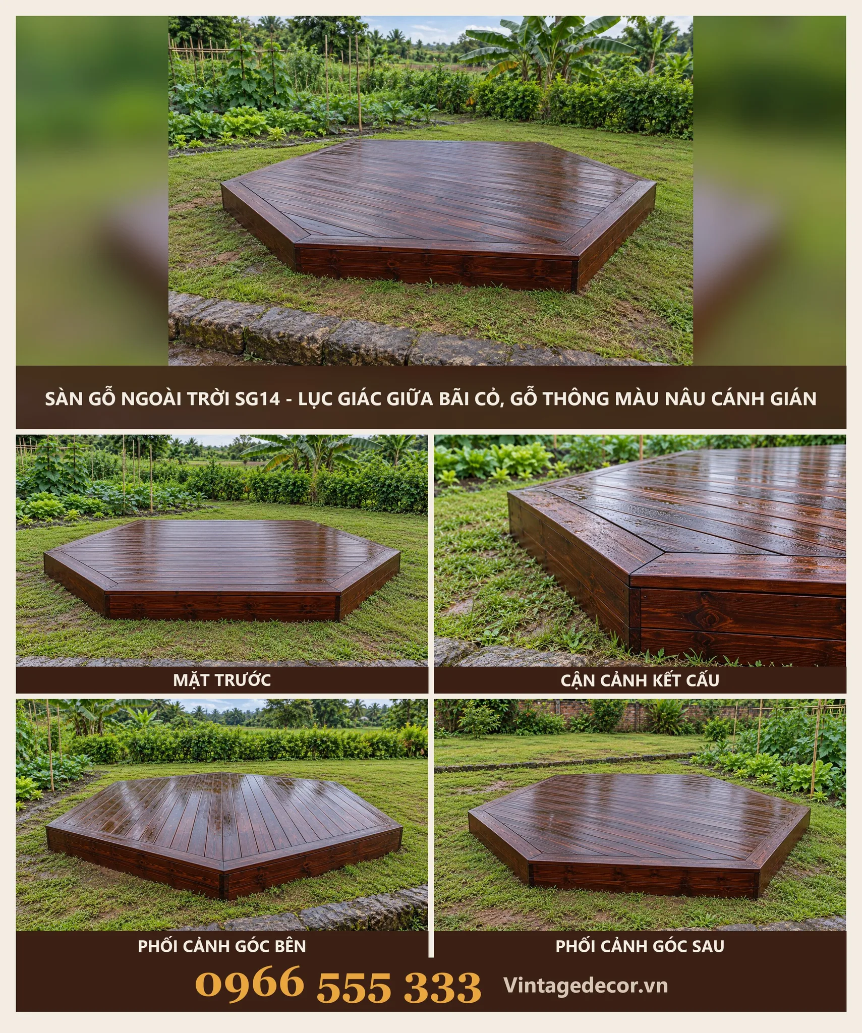 Sàn Gỗ Ngoài Trời SG14 Lục Giác Giữa Bãi Cỏ