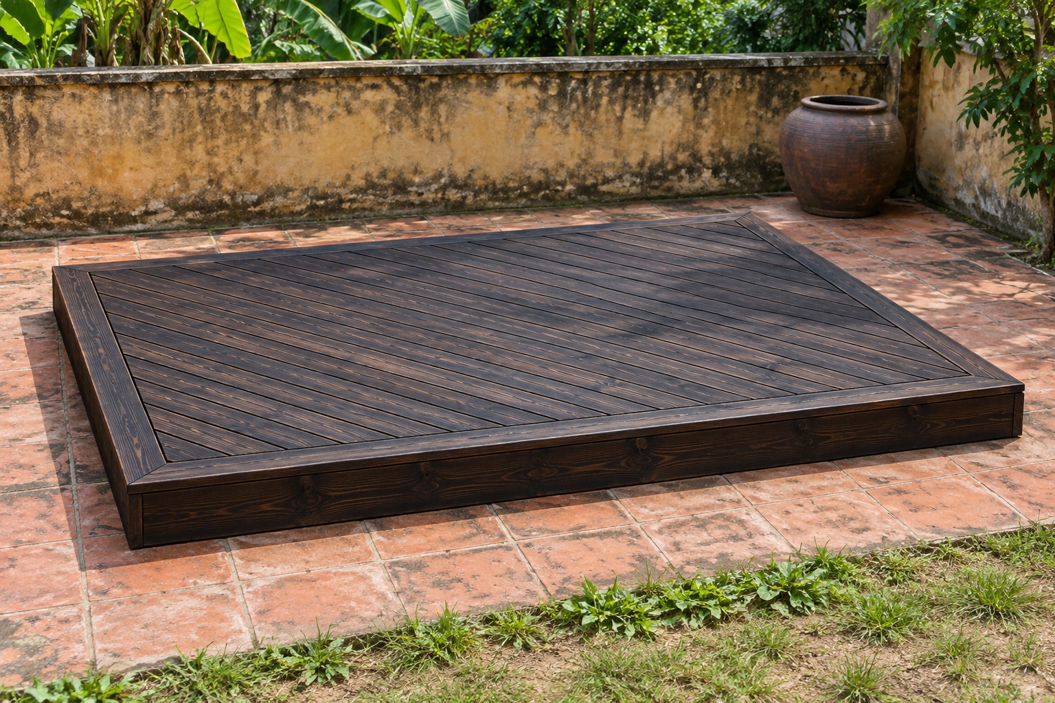 Sàn Gỗ Ngoài Trời SG16 - Ván Xếp Chéo Viền Khung Thẳng, Gỗ Thông Màu Gỗ Cháy Sàn Gỗ Ngoài Trời SG16 - Ván Xếp Chéo Viền Khung Thẳng, Gỗ Thông Màu Gỗ Cháy
