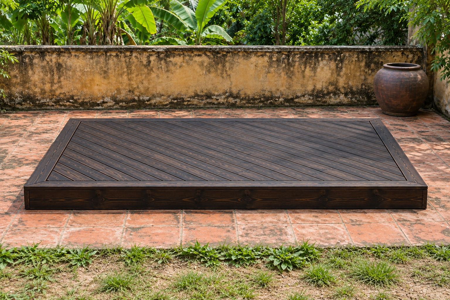 Sàn Gỗ Ngoài Trời SG16 - Ván Xếp Chéo Viền Khung Thẳng, Gỗ Thông Màu Gỗ Cháy Sàn Gỗ Ngoài Trời SG16 - Ván Xếp Chéo Viền Khung Thẳng, Gỗ Thông Màu Gỗ Cháy