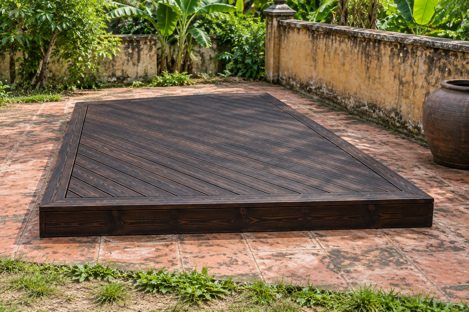 Sàn Gỗ Ngoài Trời SG16 - Ván Xếp Chéo Viền Khung Thẳng, Gỗ Thông Màu Gỗ Cháy Sàn Gỗ Ngoài Trời SG16 - Ván Xếp Chéo Viền Khung Thẳng, Gỗ Thông Màu Gỗ Cháy