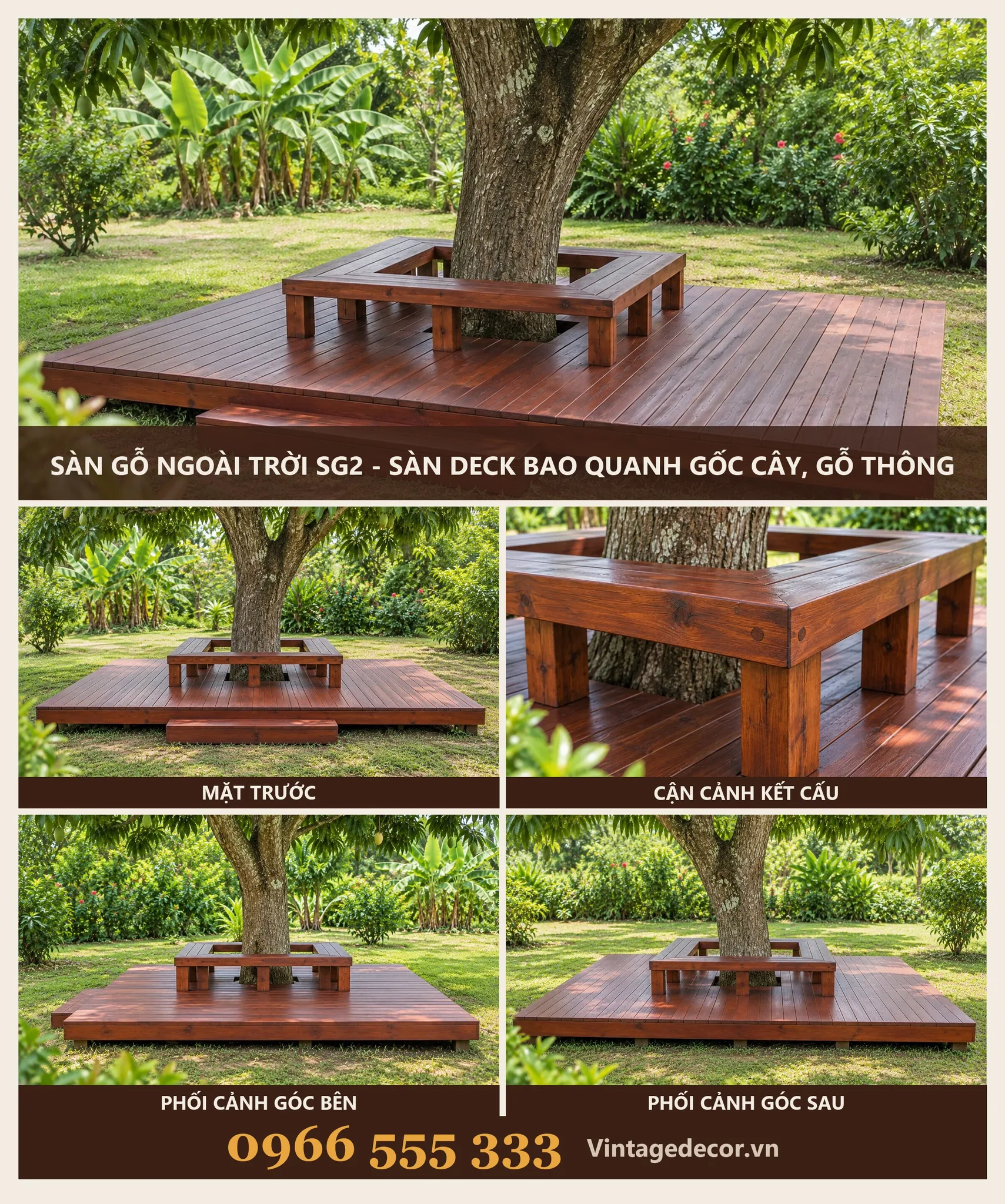 Sàn Gỗ Ngoài Trời SG2 - Sàn Deck Bao Quanh Gốc Cây, Gỗ Thông