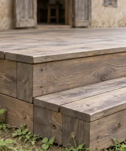 Hiên gỗ SG3 – cận cảnh mép hiên và bậc ốp ván dày