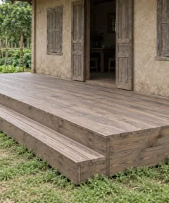 Hiên gỗ SG3 – nhìn chéo, hiên chạy dọc mặt tiền, cửa sổ chớp gỗ