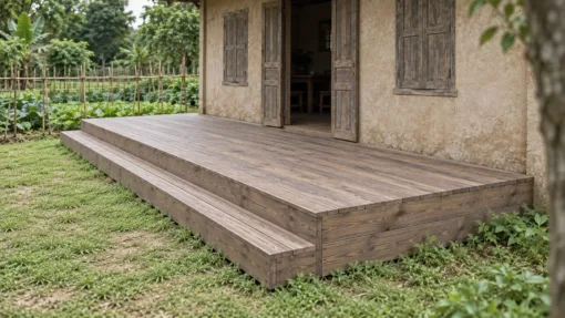Hiên gỗ SG3 – nhìn chéo, hiên chạy dọc mặt tiền, cửa sổ chớp gỗ